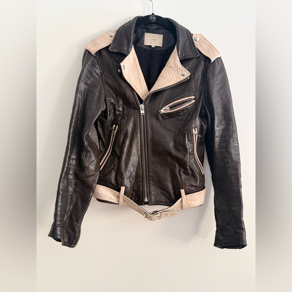 IRO Black and Cream Leather Leather Moto Biker Jacket Size 36 l US Small - Picture 4 of 17